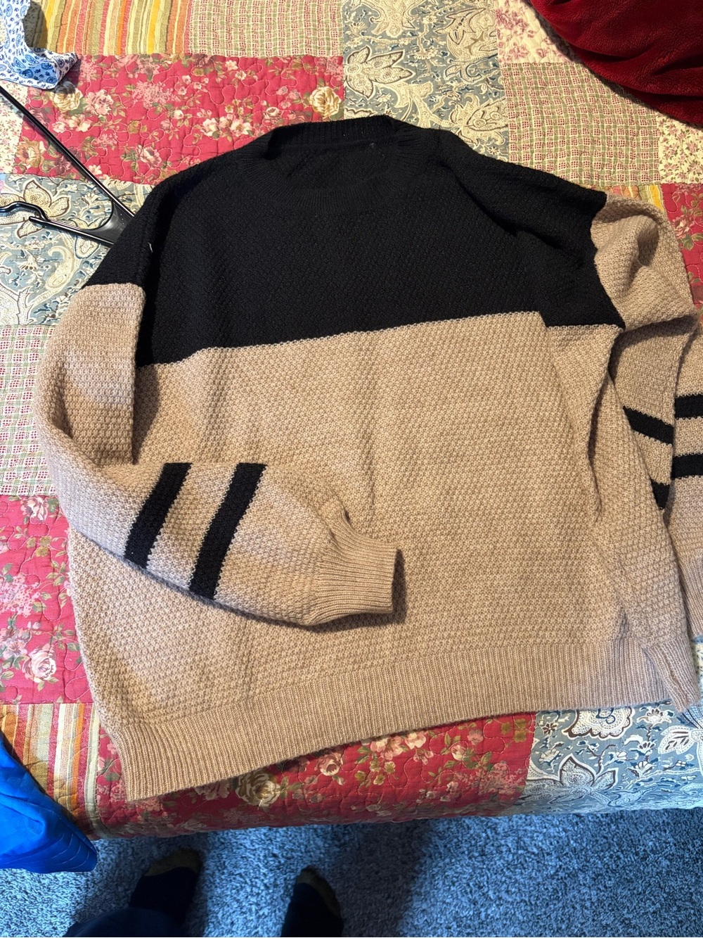 Men's Two-Tone Black and Tan Knit Sweater